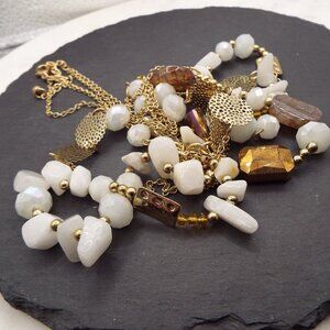 MIXED BAG WHITE QUARTZ NUGGETS, FACETED CRYSTALS & GOLDEN DISKS 34" NECKLACE 3-A